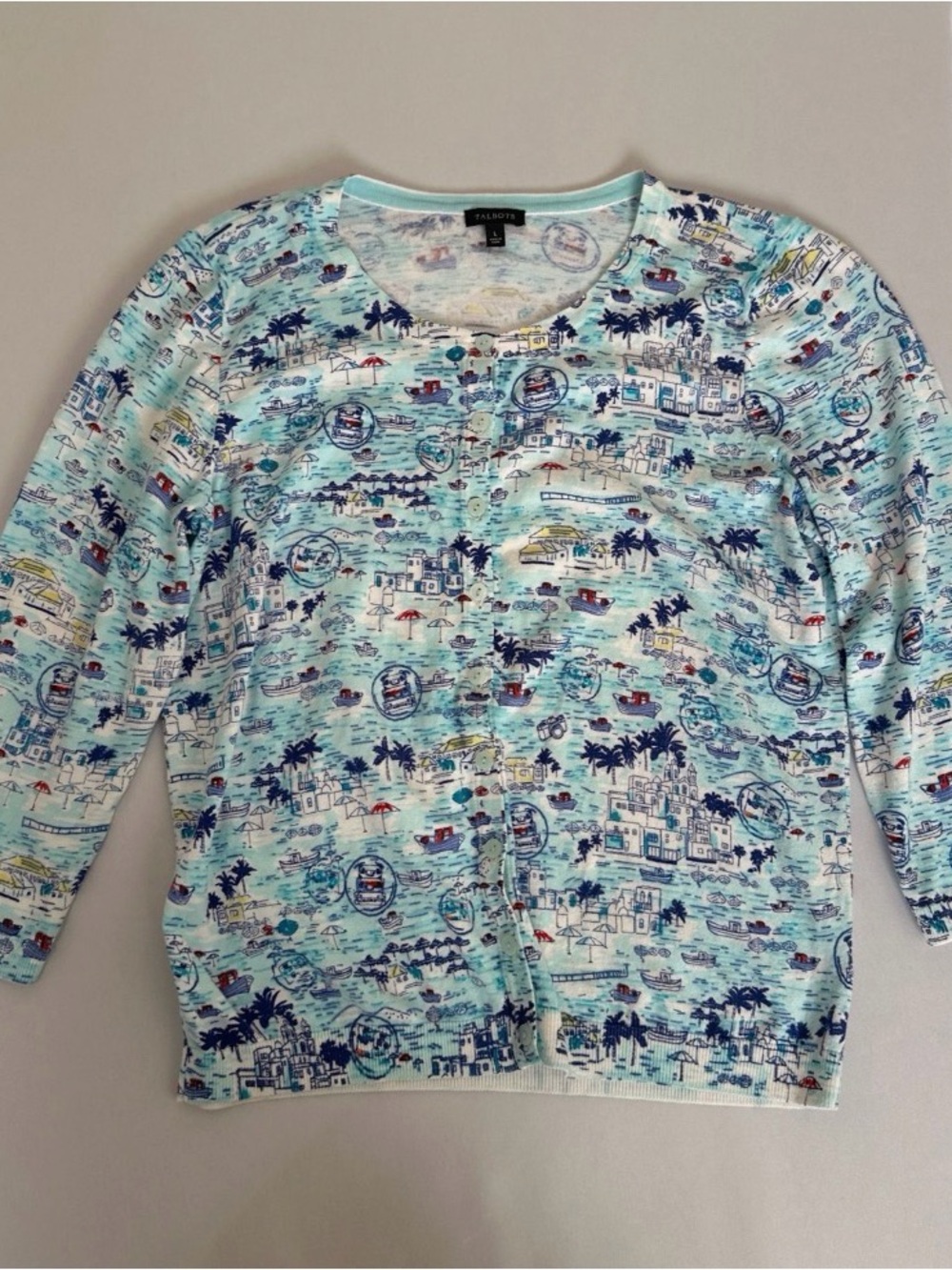 Talbots Light Blue Scenic Print Women's Cardigan Sweater